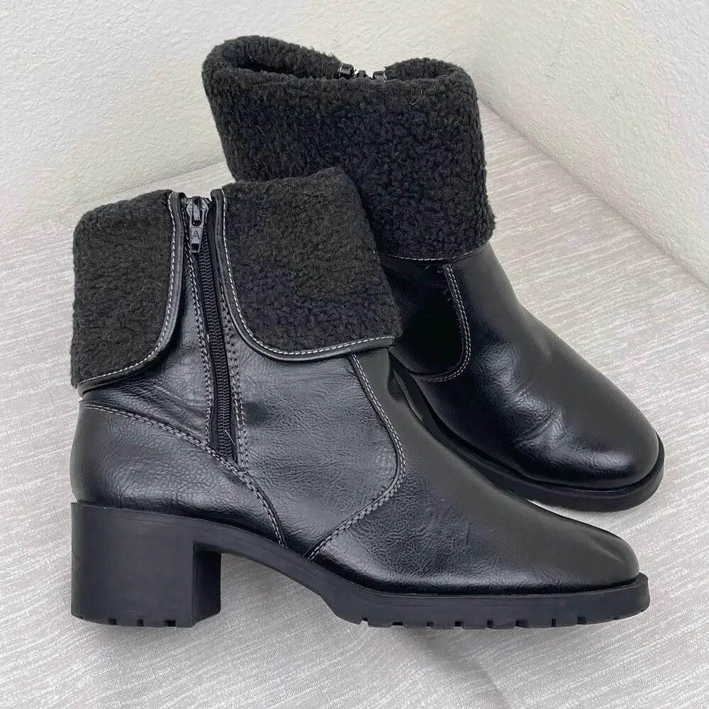Aerosoles Faux Fur Cuff Black Chunky Ankle Boots Womens 9.5M Winter Warm Comfort
